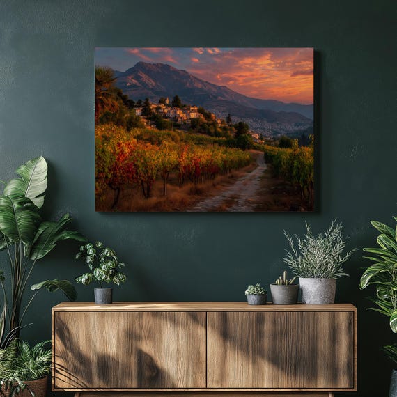 Italy Vineyard Sunset Canvas Wall Art Rustic Mountain Village Landscape Fine Print Autumn Wine Country Decor Scenic Home