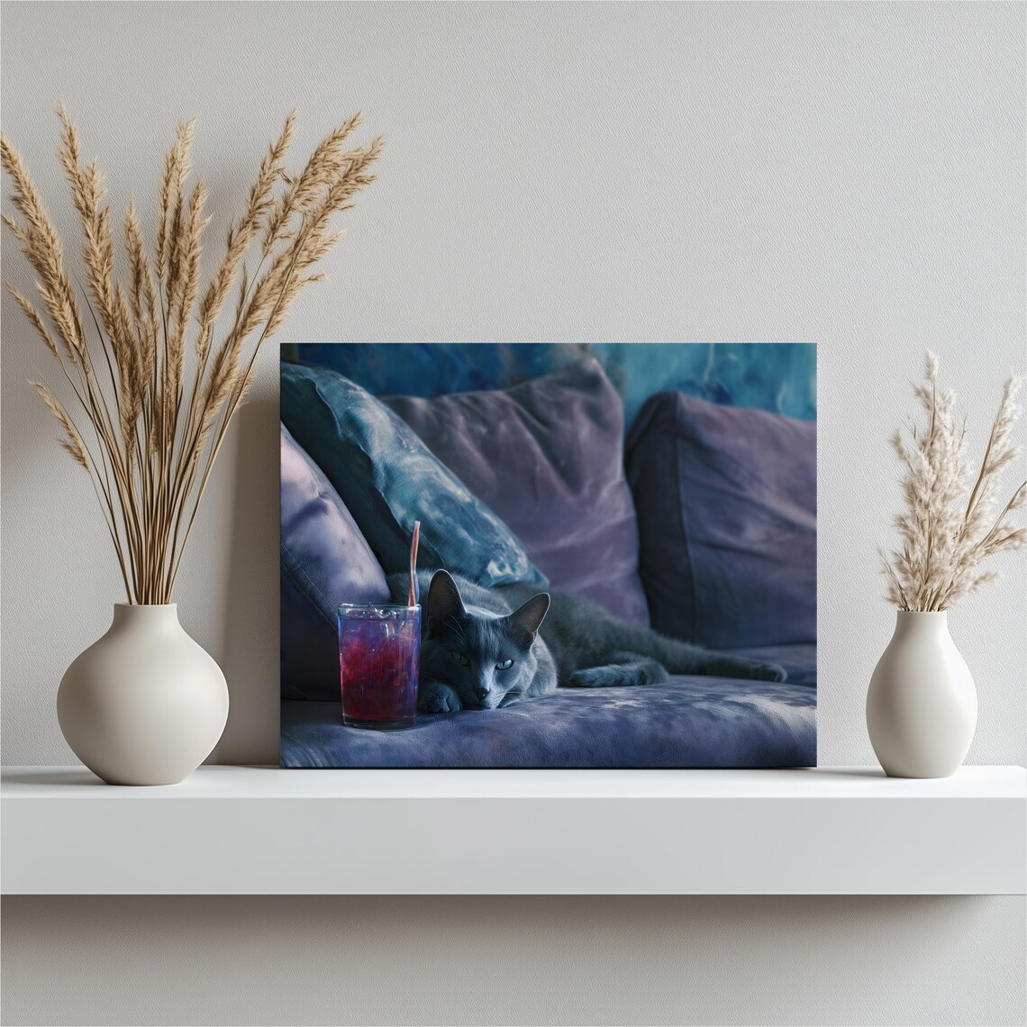 Grey Cat Purple Velvet Sofa Cocktail Glass Quirky Feline Art Poster