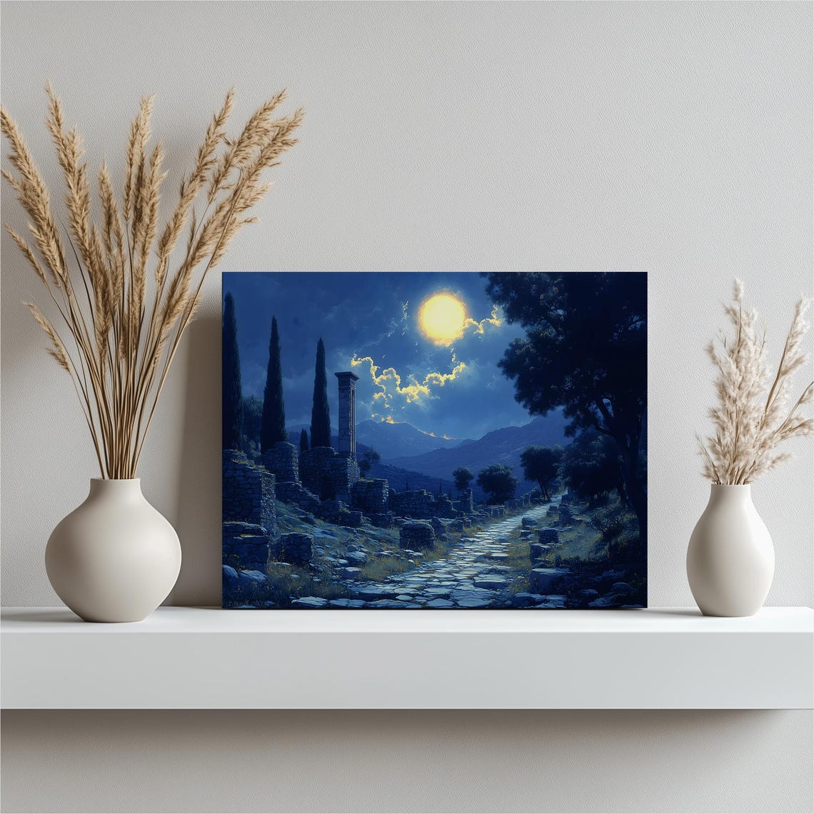 Moonlit Roman Ruins Night Stone Path Cypress Mountain Painting Poster
