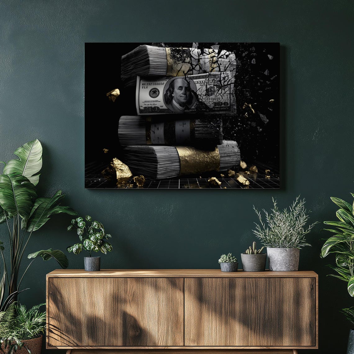 Stacked Hundred Dollar Bills Gold Nuggets Money Dark Wall Decor Poster
