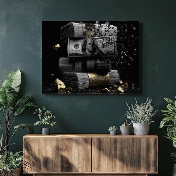 Stacked Hundred Dollar Bills Gold Nuggets Money Dark Wall Decor Poster