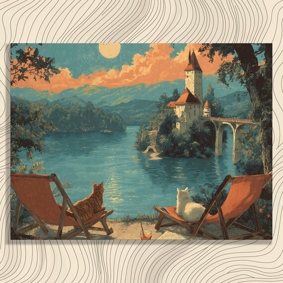 Two Cats On Deck Chairs Overlooking Lakeside Castle Sunset Poster