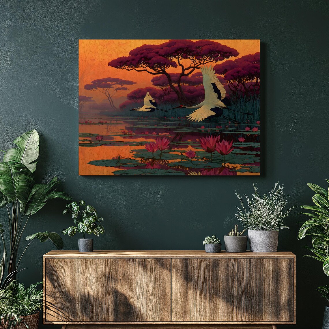 Flying Cranes Over Lotus Pond at Fiery Sunset Wildlife Art Print