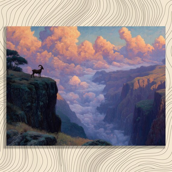 Mountain Goat Cliff Silhouette Sunrise Panoramic Wildlife Landscape Poster