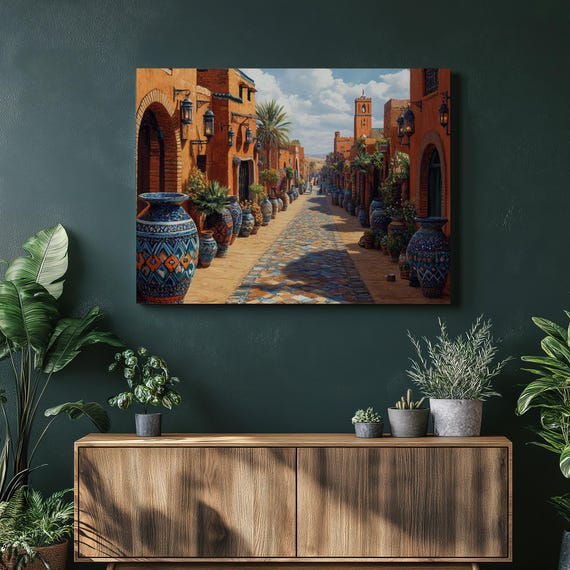 Moroccan Canvas Wall Art Marrakech Souks Print Vibrant Desert Dunes Cultural Home Decor Intricate Lanterns Inexpensive Artwork