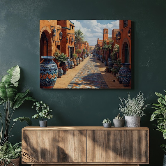 Moroccan Marrakech Souk Street Blue Pottery Terracotta Lantern Poster