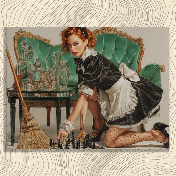 Cute Maid Pinup Canvas Wall Art Vintage Chess Game Decor Print Retro Sexy Housekeeping Poster Green Sofa Girl Illustration
