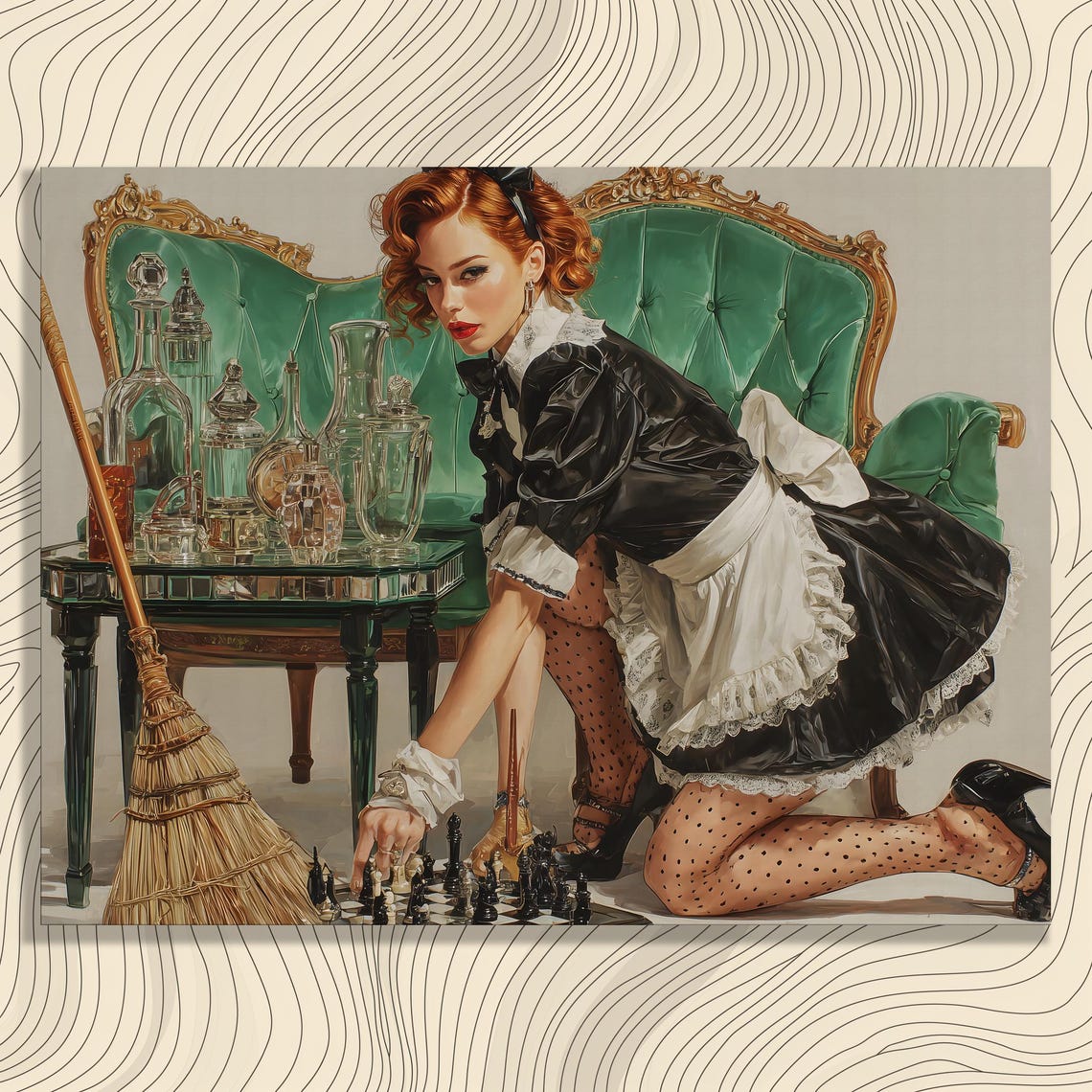 Vintage French Maid Pinup Playing Chess Retro Glamour Wall Art