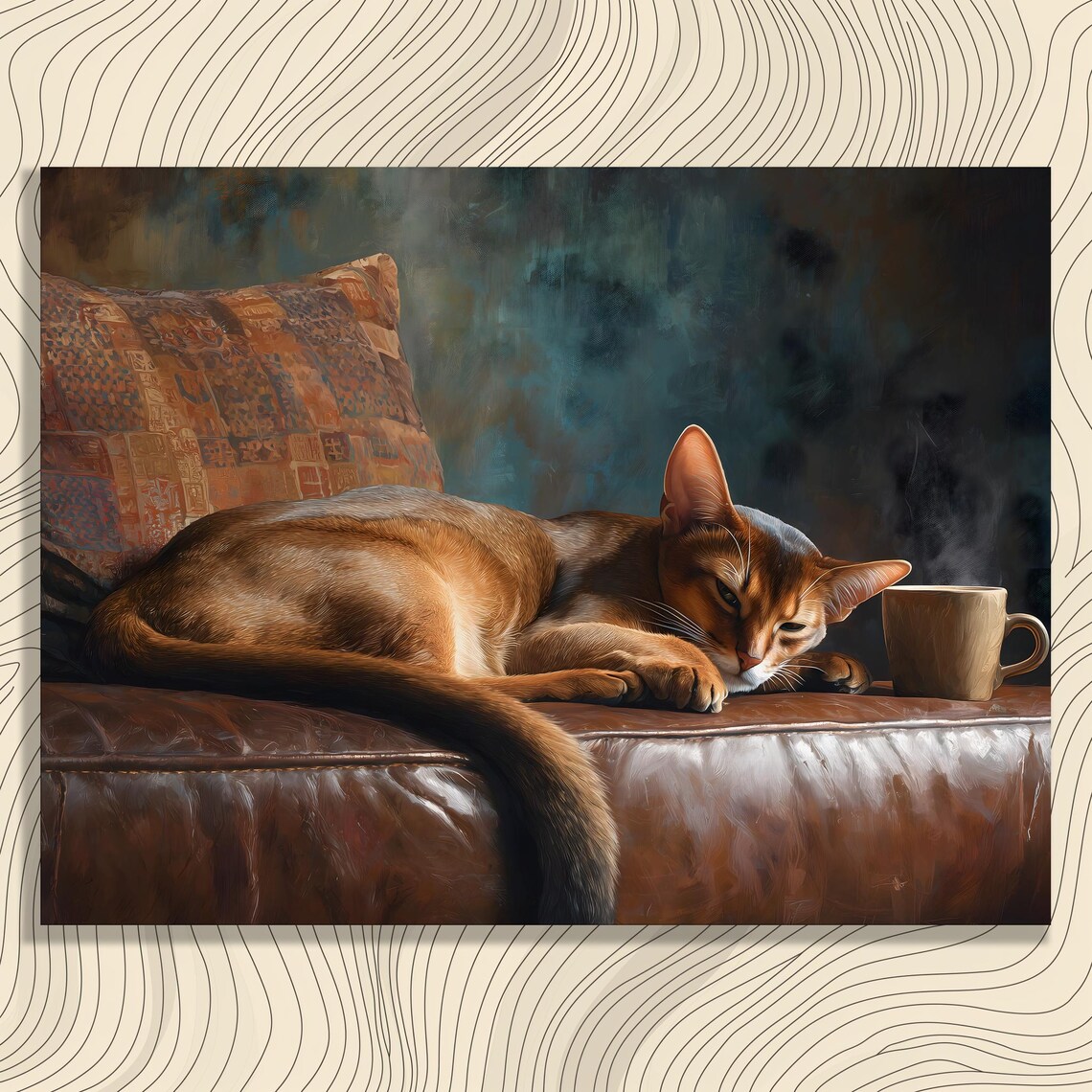 Relaxed Abyssinian Cat Coffee Leather Sofa Photorealistic Painting Wall Poster