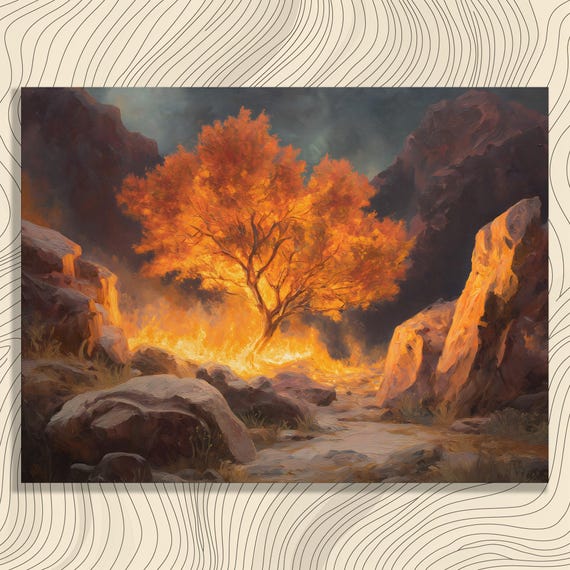 Fiery Tree Canvas Wall Art Desert Flame Canyon Landscape Print Rock Formation Autumn Fire Nature Decor Vibrant Orange Red Oil