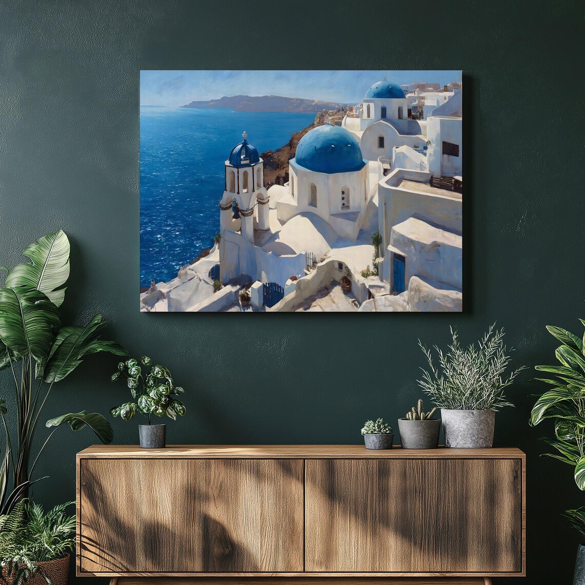 Santorini Greece Blue Domes Aegean Sea Caldera Painting Art Poster