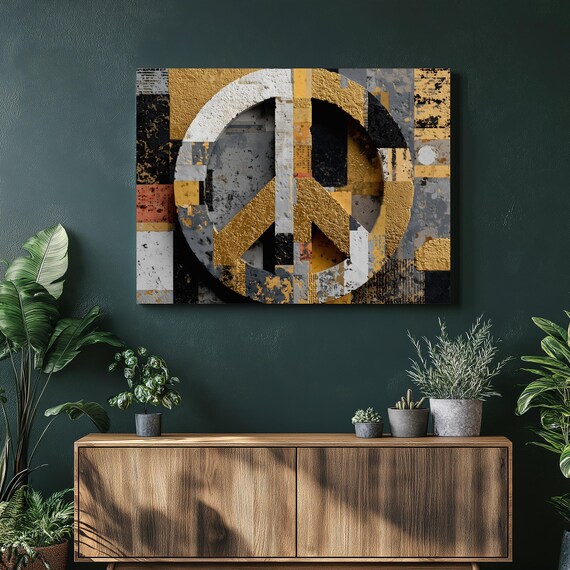 Gold Peace Sign Canvas Wall Art Textured Abstract Metallic Symbol Geometric Modern Home Decor Industrial Grunge Painting Print