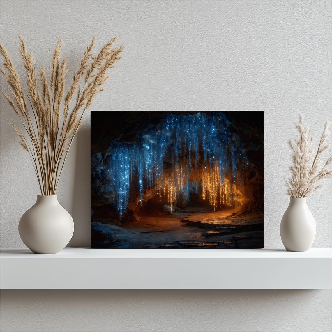 Glowing Cave Bioluminescent Stalactites Surreal Dark Art Poster