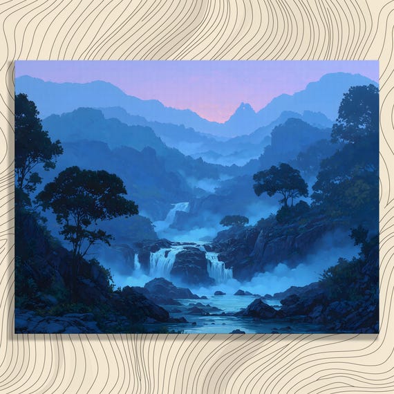 Misty Waterfall Mountains Canvas Wall Art Serene Twilight Landscape Blue Peaks Pastel Sky River Forest Scene Colorful Nature Decor