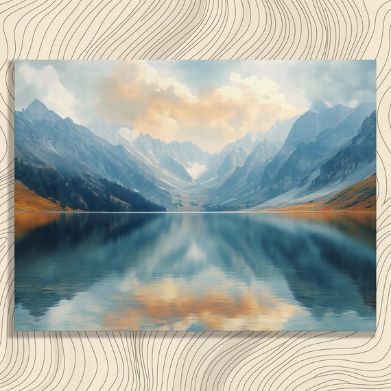 Serene Lake Reflection Canvas Wall Art Modern Mountain Landscape Print Nature Gift Decor Tranquil Wilderness Painting