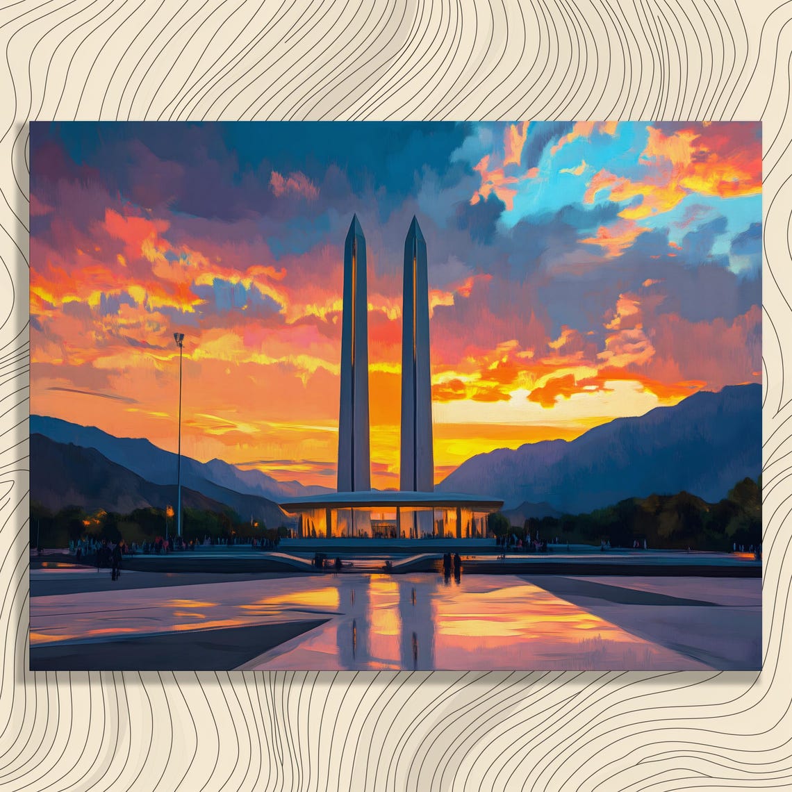 Pakistan Monument Sunset Canvas Wall Art Dramatic Skyline With Twin Spires Reflective Plaza Mountain Horizon Vibrant Clouds Print
