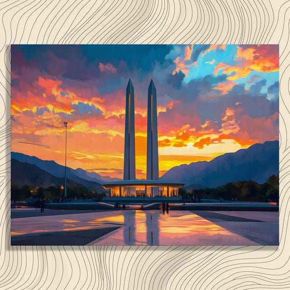 Pakistan Monument Sunset Canvas Wall Art Dramatic Skyline With Twin Spires Reflective Plaza Mountain Horizon Vibrant Clouds Print