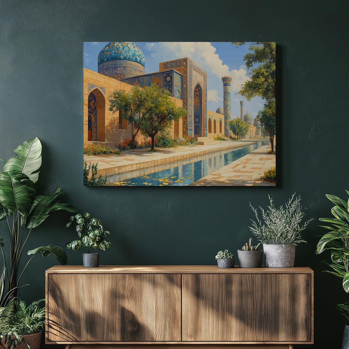 Samarkand Islamic Architecture Blue Tile Domes Reflecting Pool Poster