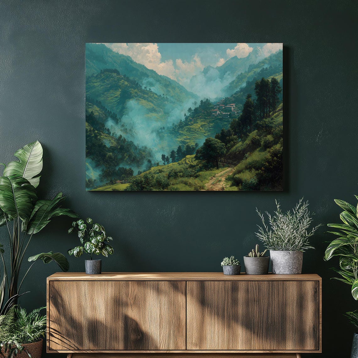 Misty Terraced Valley Green Mountains Village Panoramic Poster