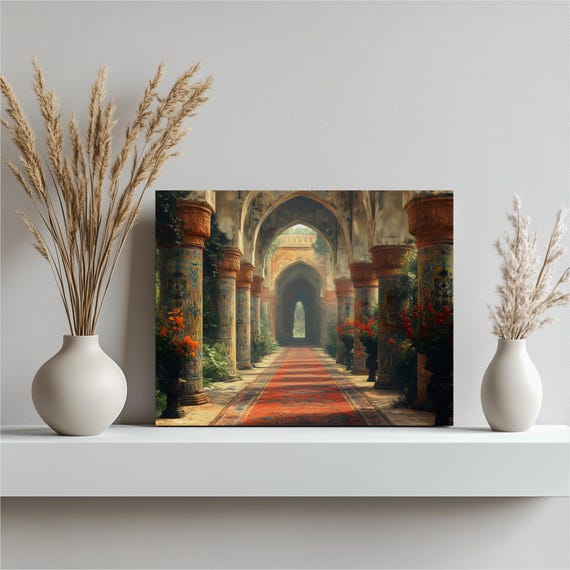 Arched Corridor Canvas Wall Art Mosaic Columns Ornate Archways Red Rug Palace Hallway Print For Vintage Decor Grand Colonnade Artwork
