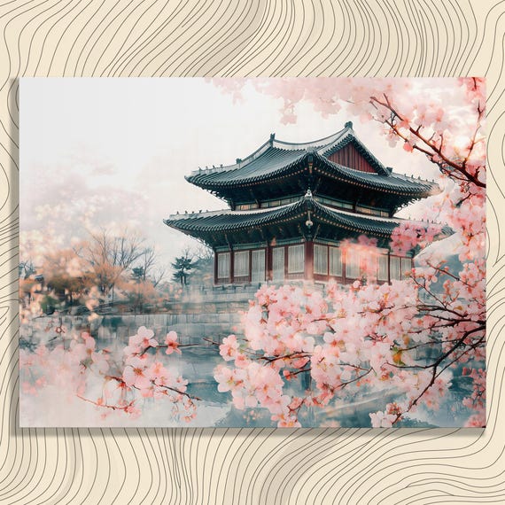 Cherry Blossom Pagoda Canvas Wall Art Vintage Asian Landscape Decor Print Reflection Tranquility Heritage Gift For Nature Lovers