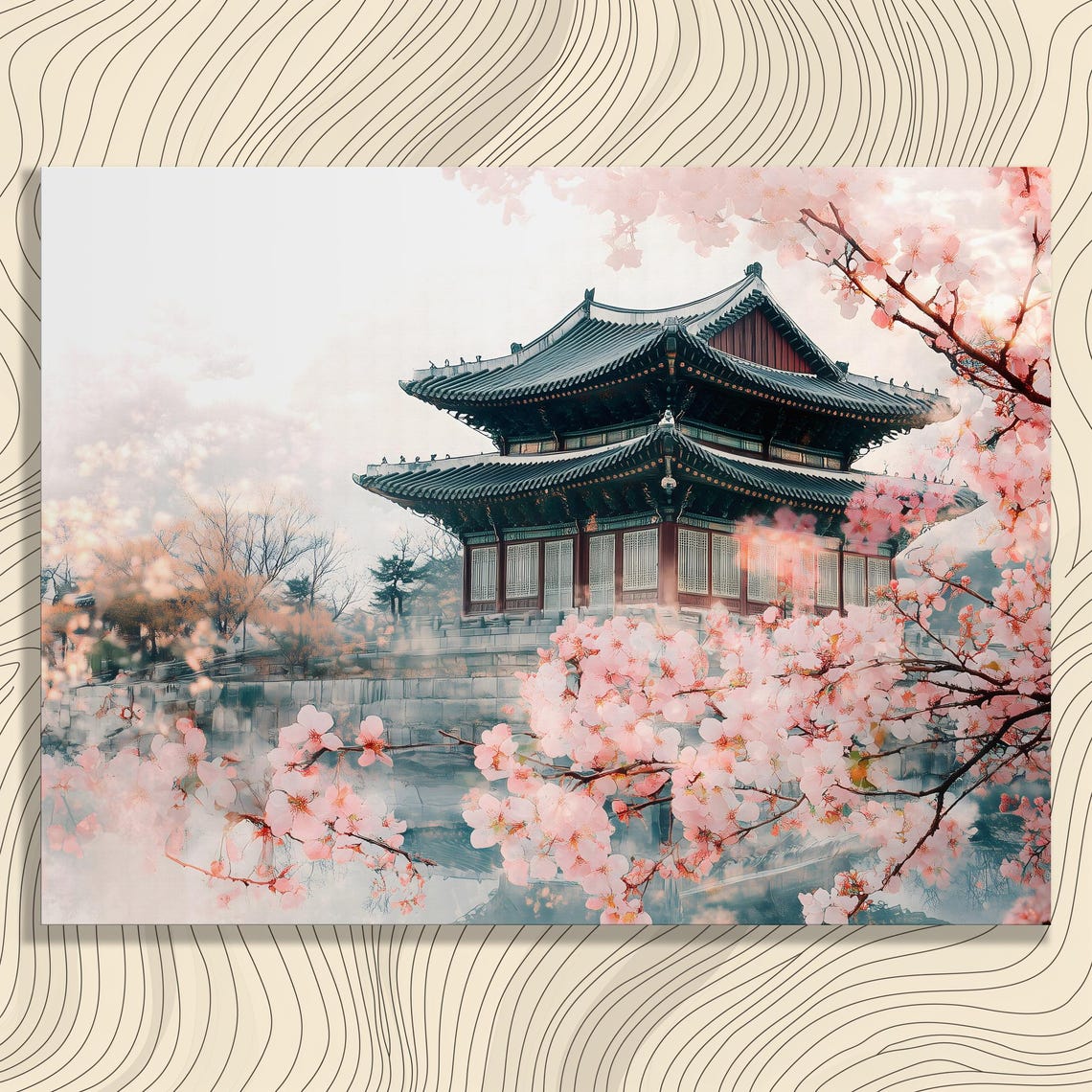 Cherry Blossom Korean Pavilion Spring Dreamy Landscape Poster