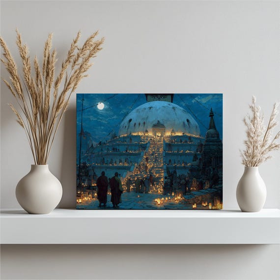 Moonlit Buddhist Stupa Canvas Wall Art Candlelit Temple Monks Meditation Decor Spiritual Night Sky Zen Print Moonlight Scene