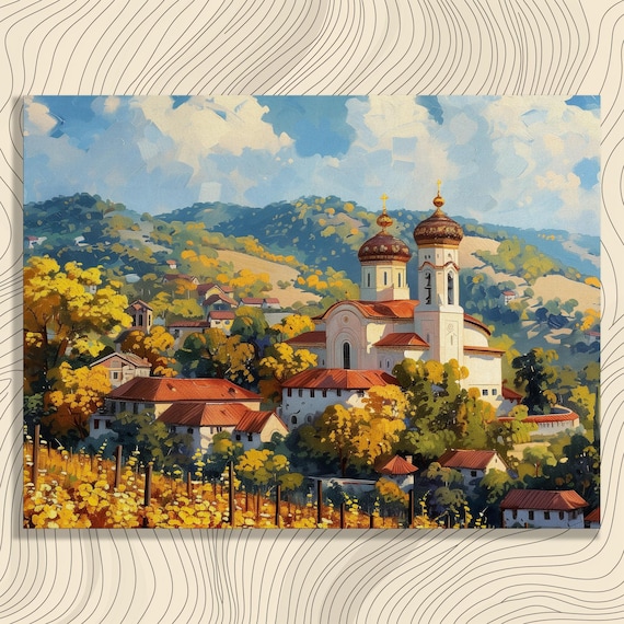 Golden Domed Orthodox Monastery Autumn Vineyard Village Art Print