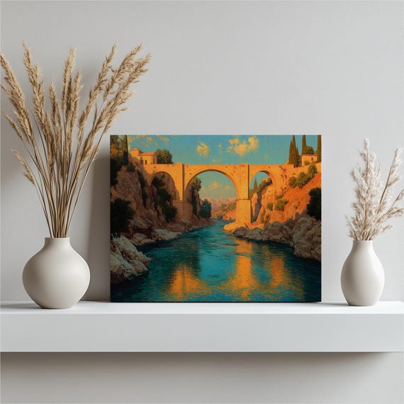 Mediterranean Bridge River Canvas Wall Art Sunlit Stone Span Over Blue Water Landscape Print Rustic Decor Traditional Painting Gift