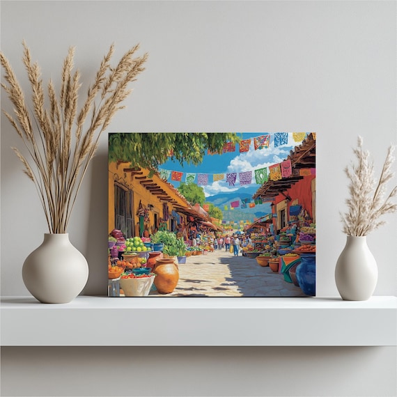 Vibrant Mexico Art Print, Colorful Market Scene