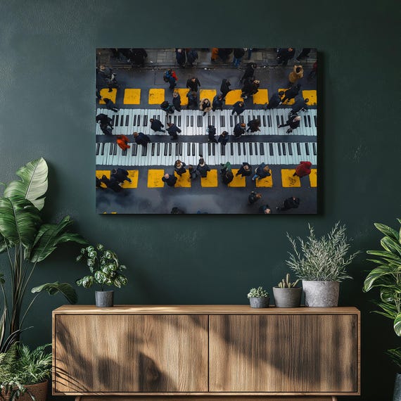 Piano Crosswalk Canvas Wall Art Urban Crowd Street Scene Keyboard Walkway Print For Music Lovers City Decor Rainy Cityscape