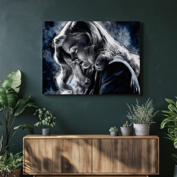 Moody Portrait Canvas Wall Art Watercolor Woman Side Profile Dark Blue Noir Realism Print Modern Decor Blonde Hair Painting Gift
