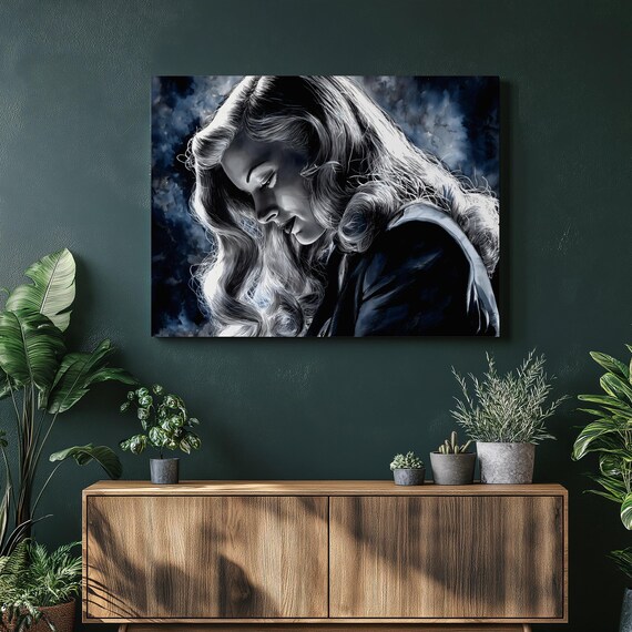 Moody Woman Side Profile Portrait Dark Blue Noir Realism Wall Art