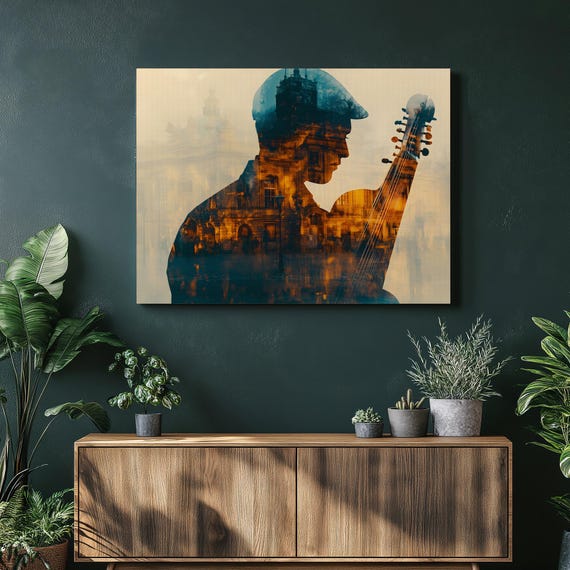 Folk Musician Silhouette Canvas Wall Art Double Exposure Cityscape With Vintage Architecture
