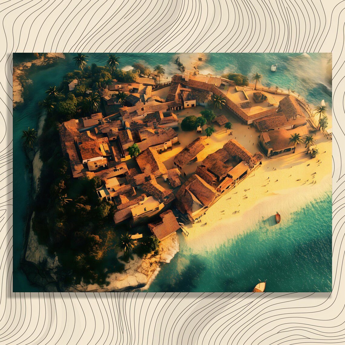 Aerial Tropical Island Village Turquoise Sea Coastal Drone View Wall Art