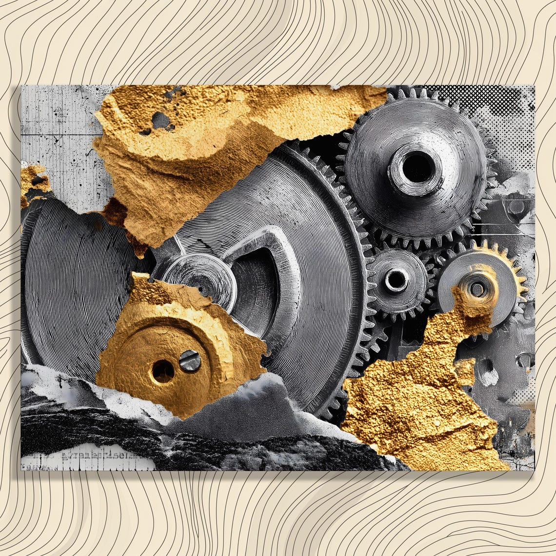 Industrial Gears Abstract Gold Foil Collage Mechanical Poster