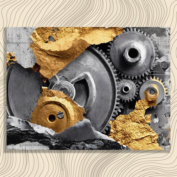Industrial Gears Canvas Wall Art Abstract Gold Foil Collage Print Modern Decor Black White Textured Painting