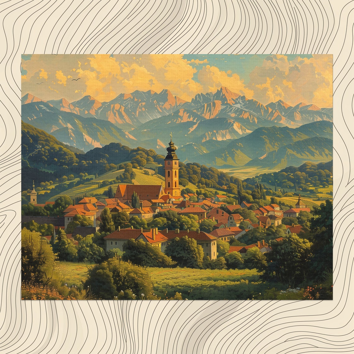 Slovakia Village Church Mountain Sunset Nostalgic Landscape Poster