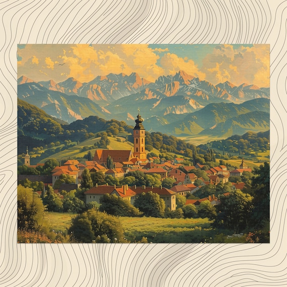 Slovakia Village Church Mountain Sunset Nostalgic Landscape Poster