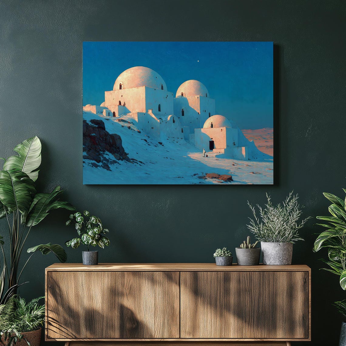 Moonlit Desert Domes Minimalist Blue Night Sky Architecture Print