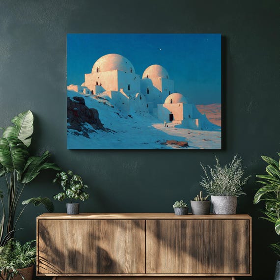 Moonlit Desert Domes Canvas Wall Art Minimalist Blue Night Sky Print Modern Decor Sand Dunes White Architecture Moon Gift