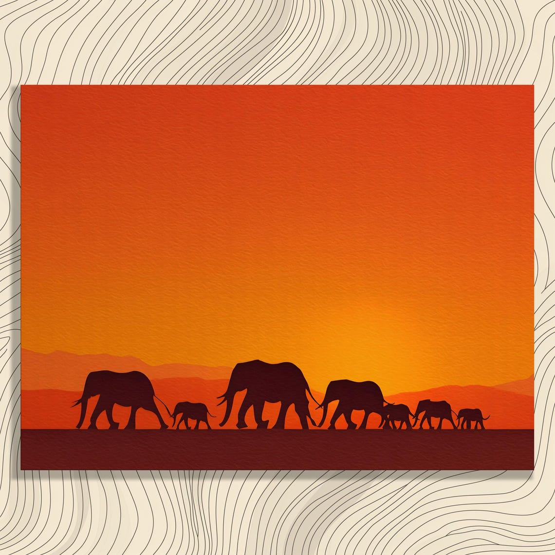 Elephant Herd Silhouette Orange Sunset African Savanna Art Poster