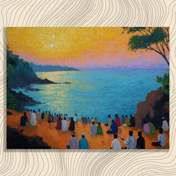 Sunset Beach Gathering Crowd Watching Ocean Impasto Painting Wall Art