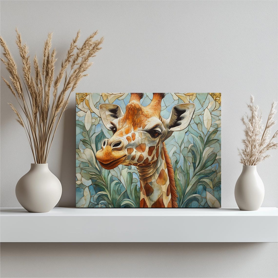 Giraffe Portrait Stained Glass Style Wildlife Canvas Art Print