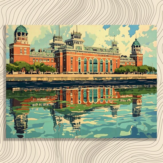 Vibrant Historic Building Canvas Wall Art Urban Landscape Decor Print Water Reflection Architecture Gift Impressionism Style Poster