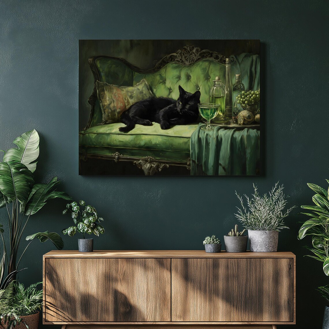 Black Cat On Green Velvet Chaise Vintage Still Life Art Poster