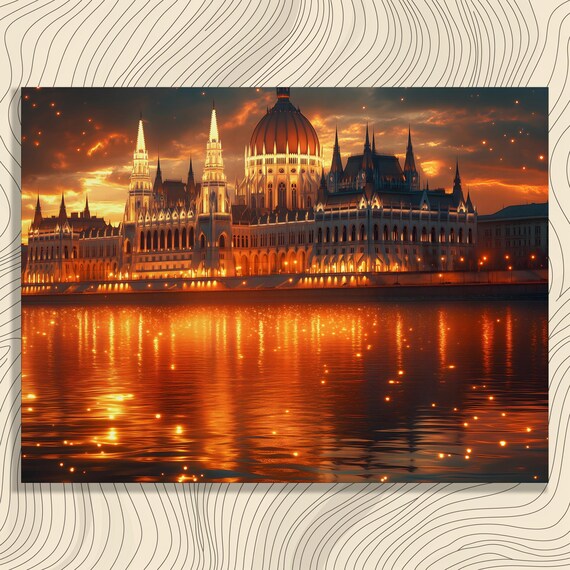 Grand Sunset Canvas Wall Art Classic Architecture Water Reflection Print With Illuminated Urban Landscape And Historical Landmarks