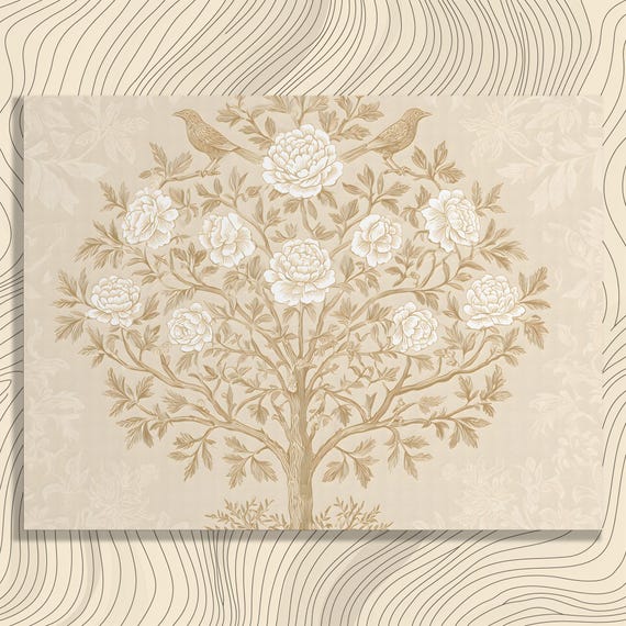 Botanical Peony Birds Canvas Wall Art Vintage Print Traditional Floral Tree Illustration With Songbirds Beige