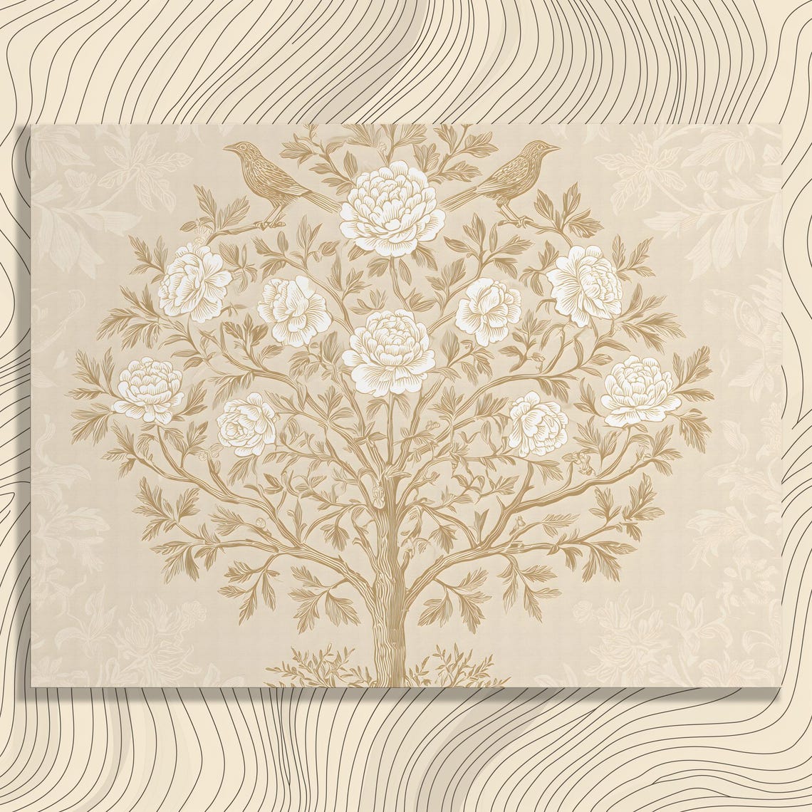Vintage Botanical Peony Tree With Songbirds Beige Floral Poster