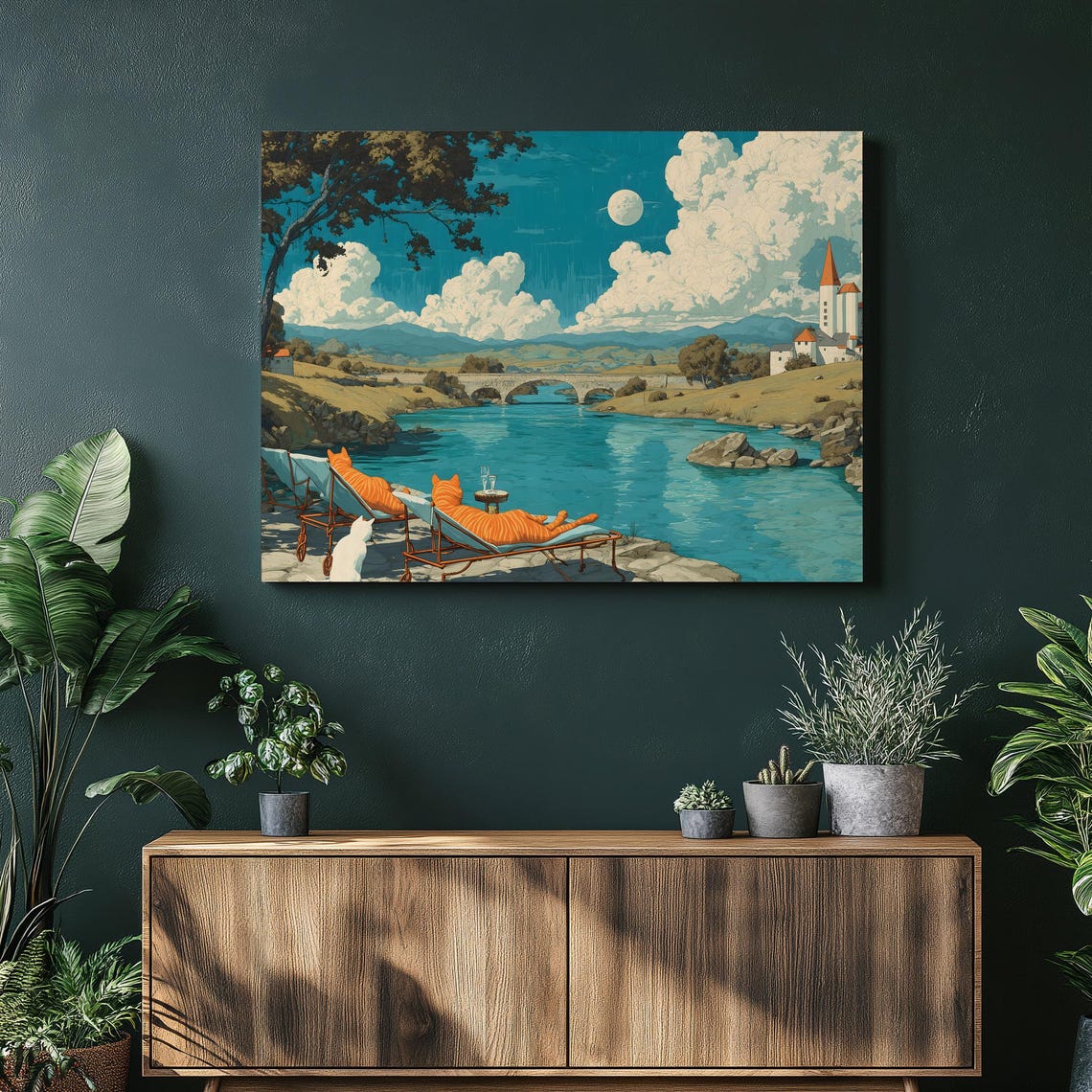 Lazy Cats Lounging by River Village Fantasy Landscape Wall Art
